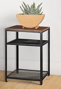 Relmin Side Table with 2-Tier Mesh Shelves (Metal & Sheesham Wood Top)