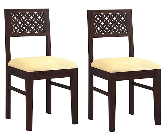 Sheesham Wood CNC Dining Chair with Cushoin, Set of 2 Wooden Study Chairs for Living Room Home Office