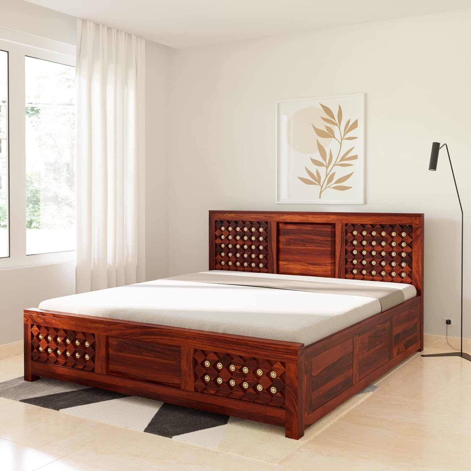 Qual King Size Solid Sheesham Wood Bed with Box Storage (Honey Finish)