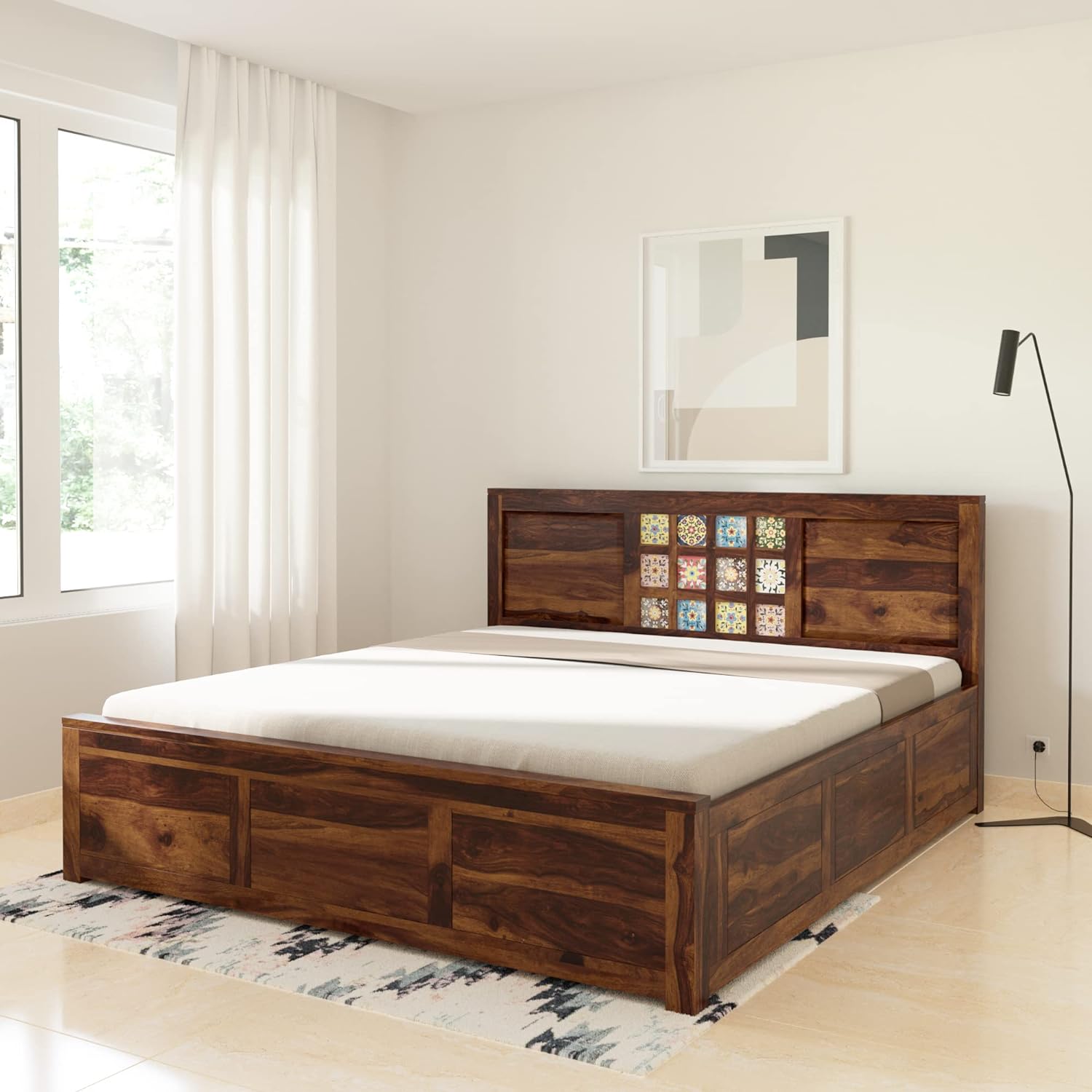 Verba King Size Solid Sheesham Wood Bed with Box Storage