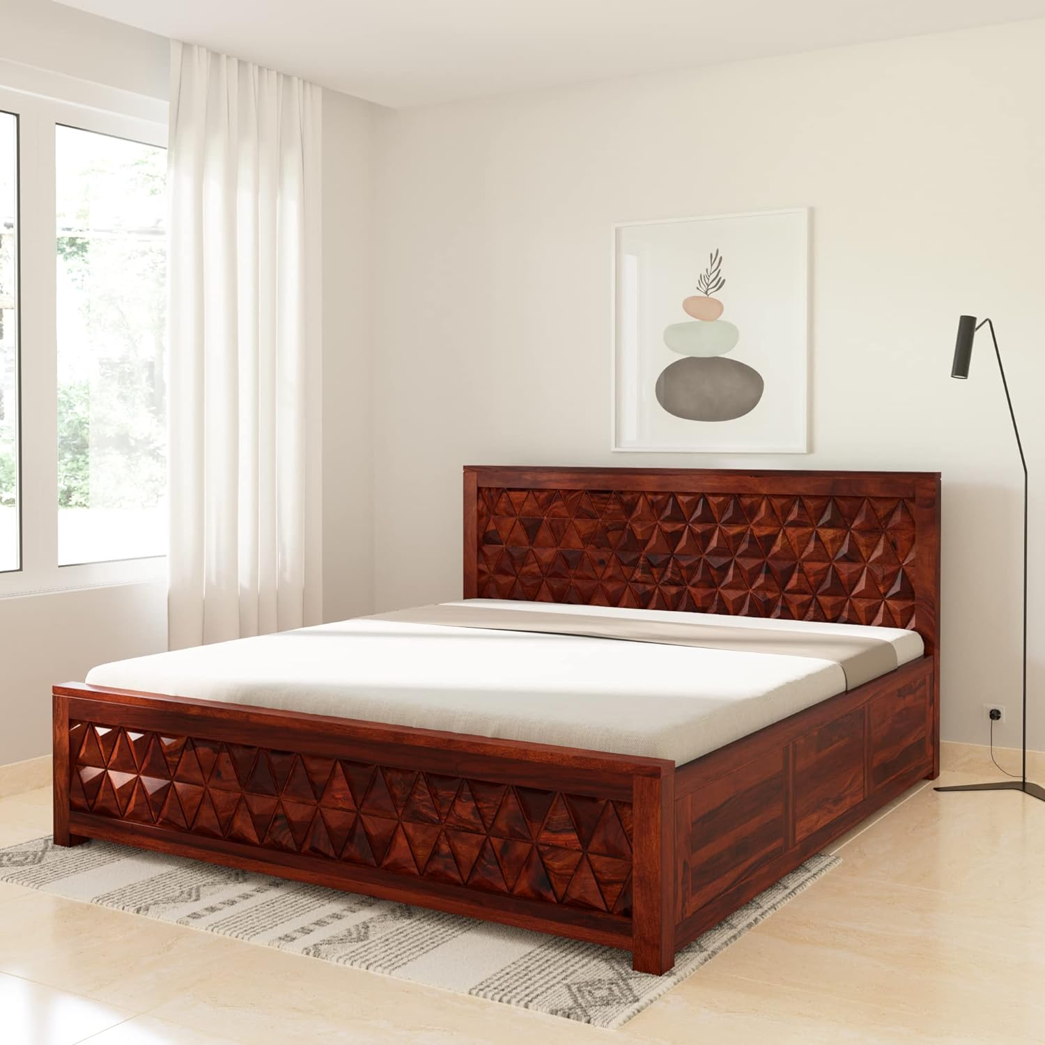 Solid Sheesham Wood Triangle King Size Bed with Box Storage