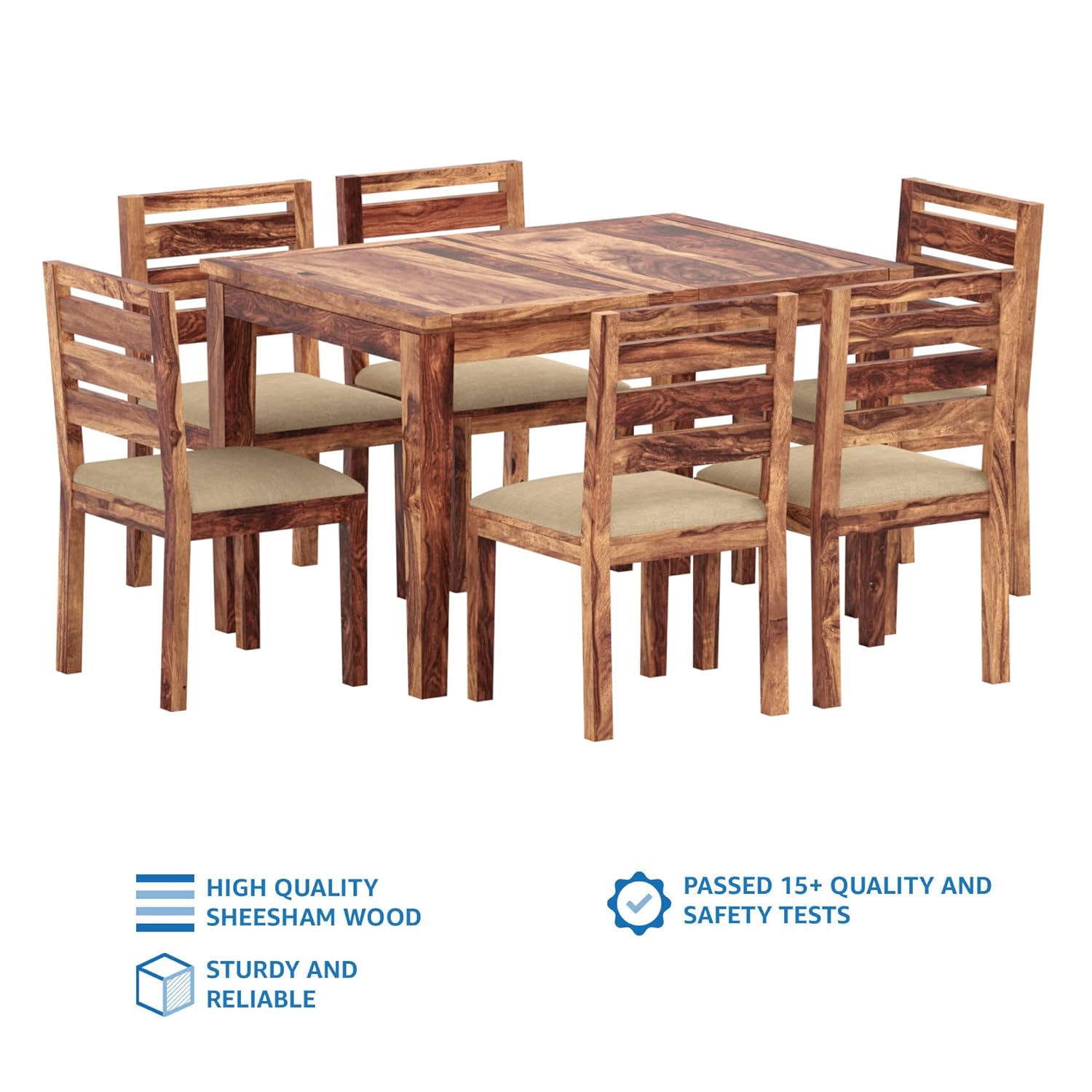 Solid Sheesham Wood Ladzin Six Seater Extendable Dining Set with 6 Cushioned Chairs