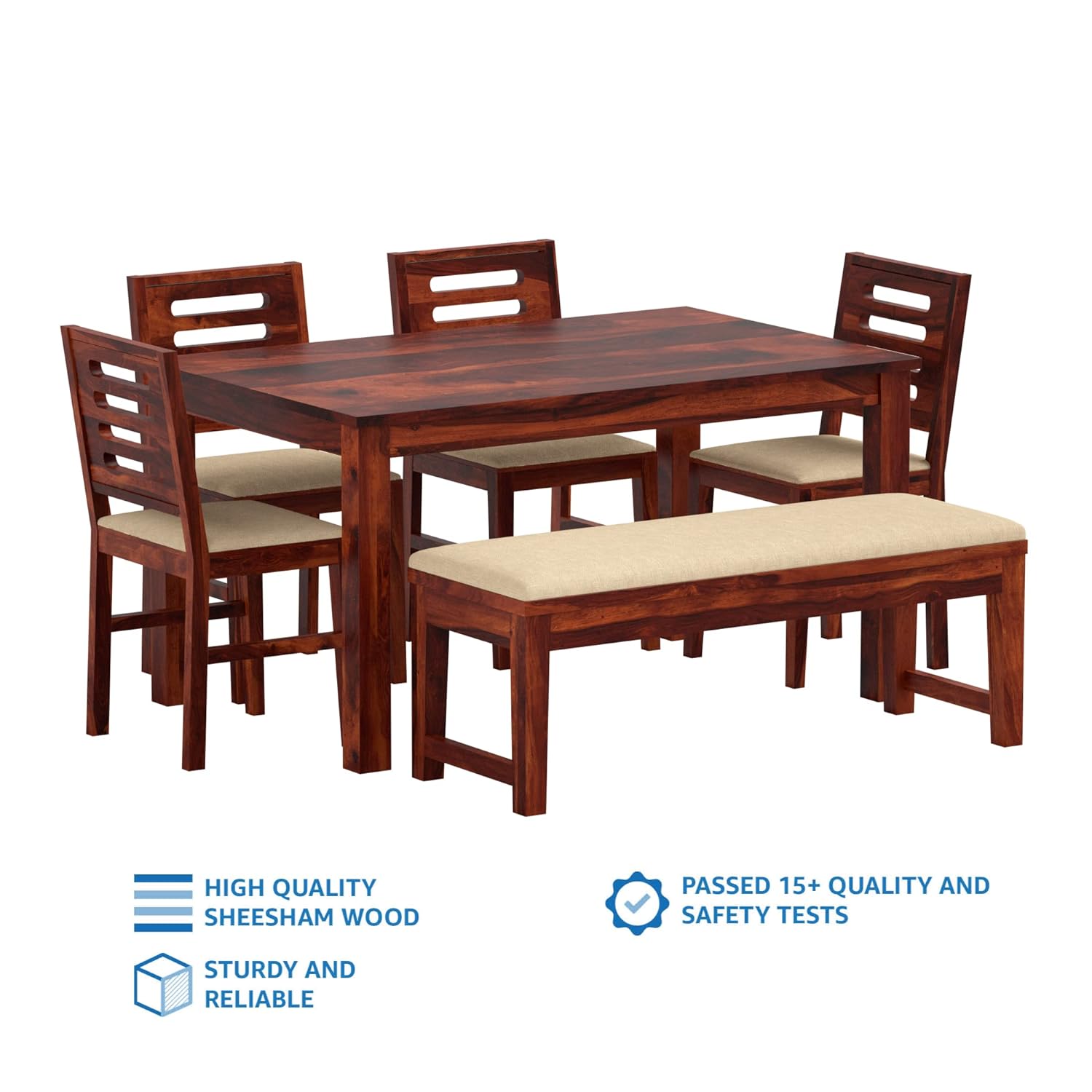 Kotili Six Seater Dining Table Set with 4 Cushioned Chairs and 1 Cushioned Bench