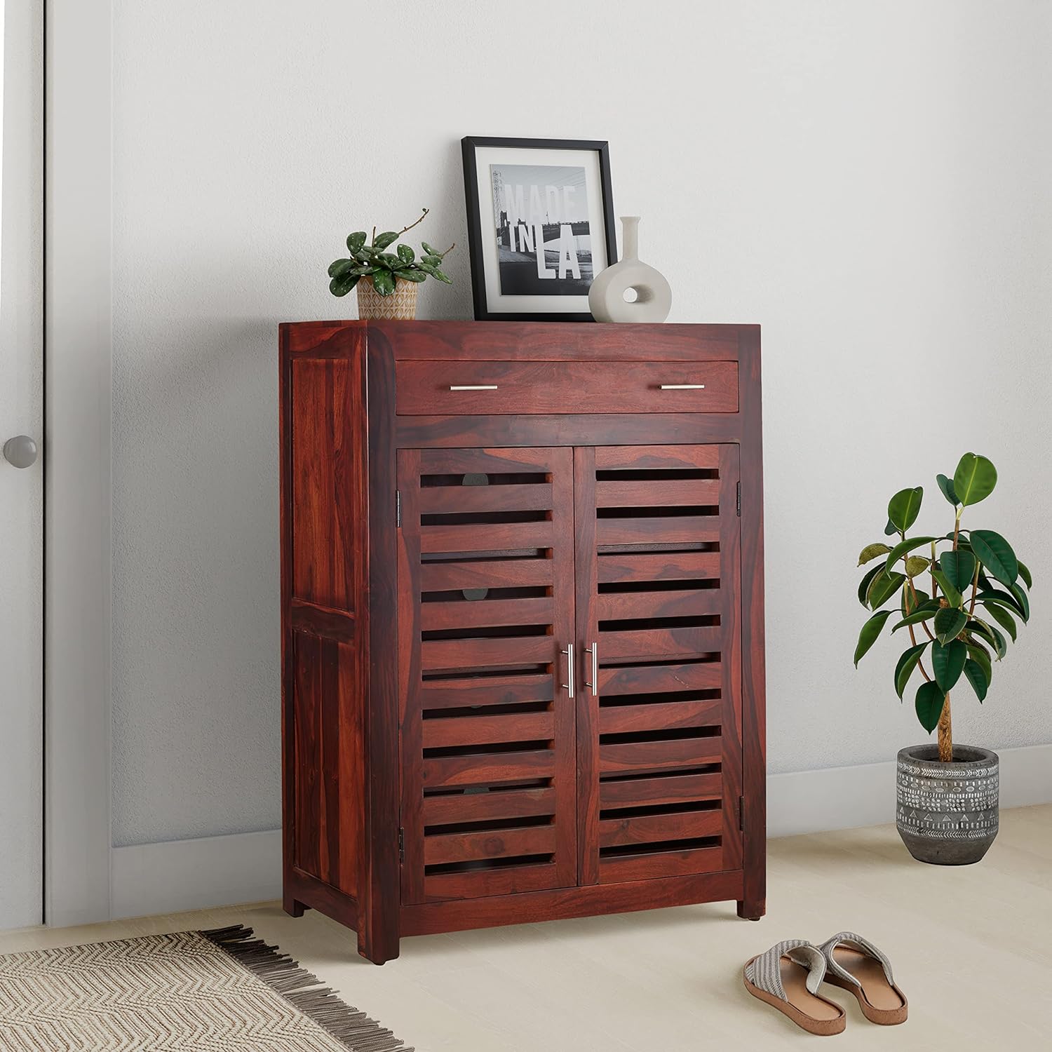Mondsee Solid Sheesham Wood Shoe Rack Cabinet with 2 Drawers