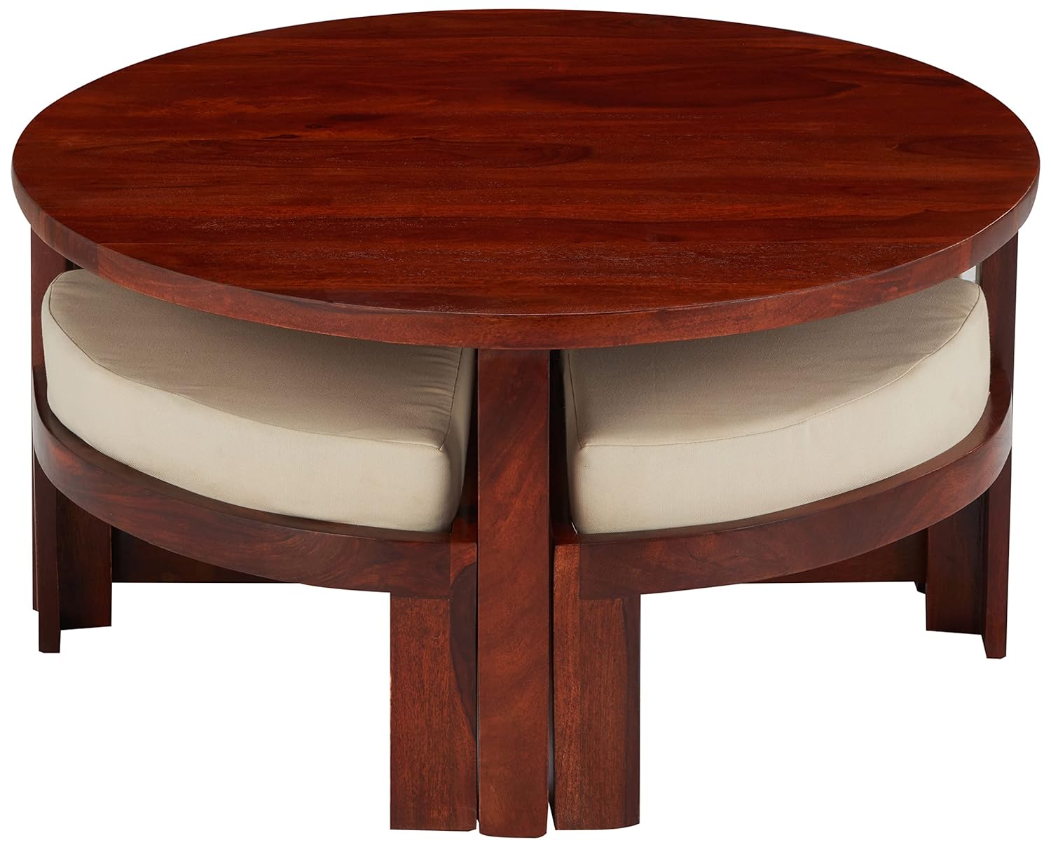 FURNIZY Piesta Round Coffee Table with 4 Stools and 4 Cushions (Solid Sheesham Wood)