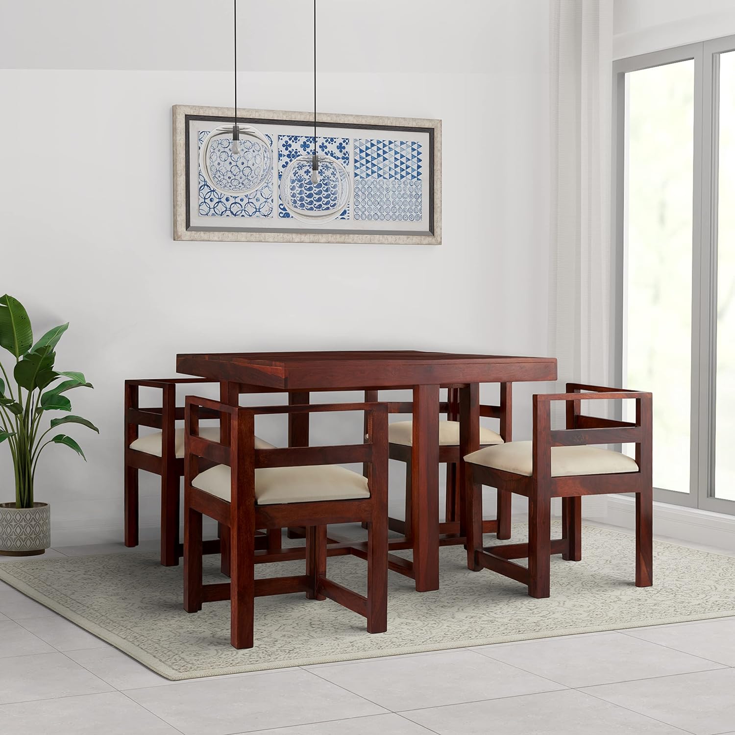 Solid Sheesham Wood Melka Modern 4 Seater Dining Table with 4 Cushioned Chairs