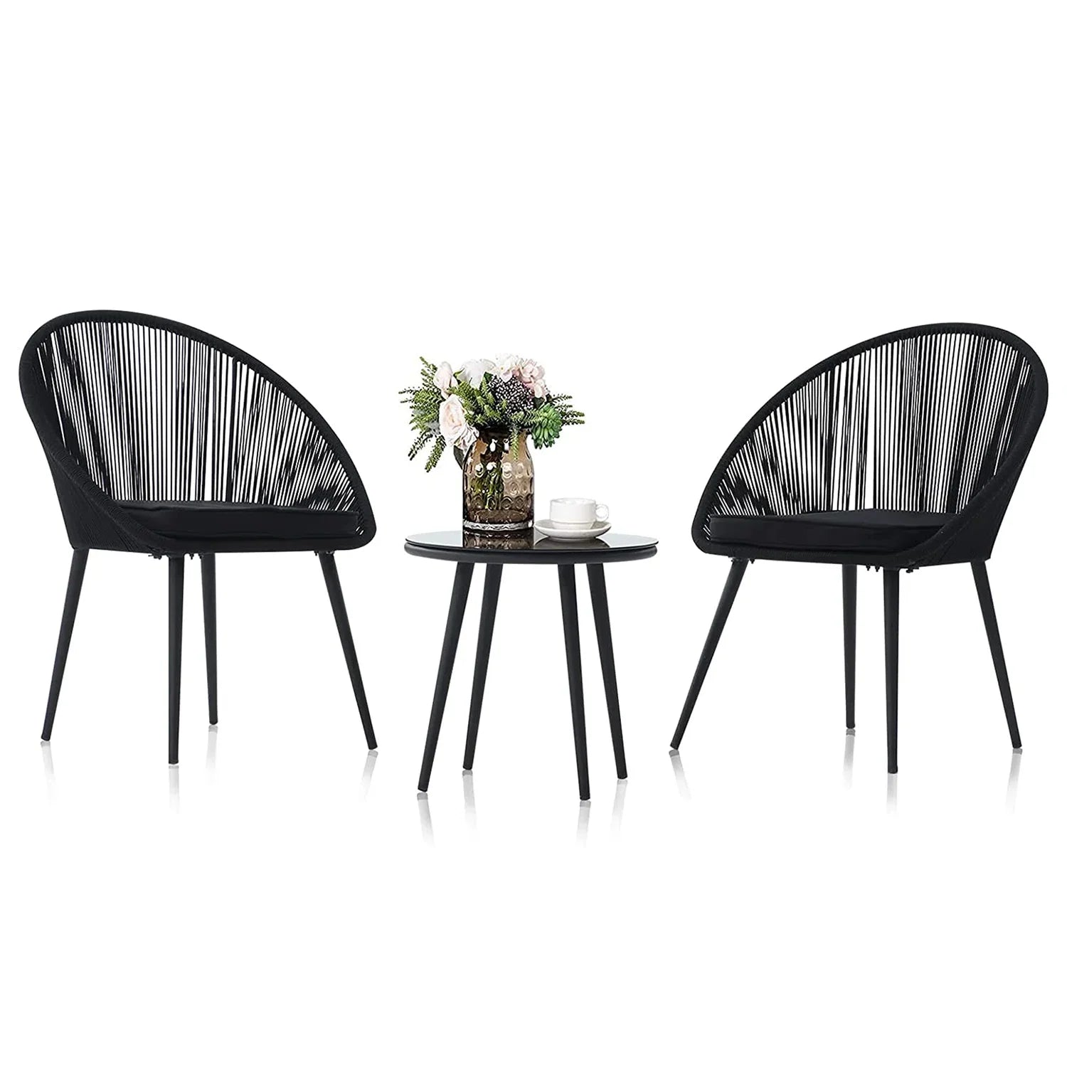 OUTDOOR PATIO SEATING SET 2 CHAIRS AND 1 TABLE SET (BLACK)