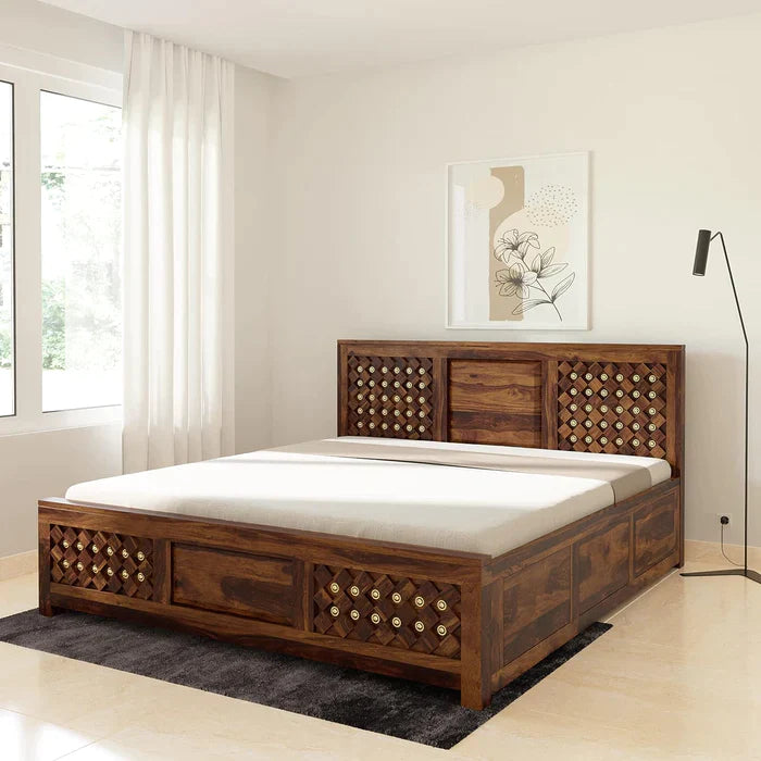 Solid Sheesham Wood King Size Bed with Box Storage
