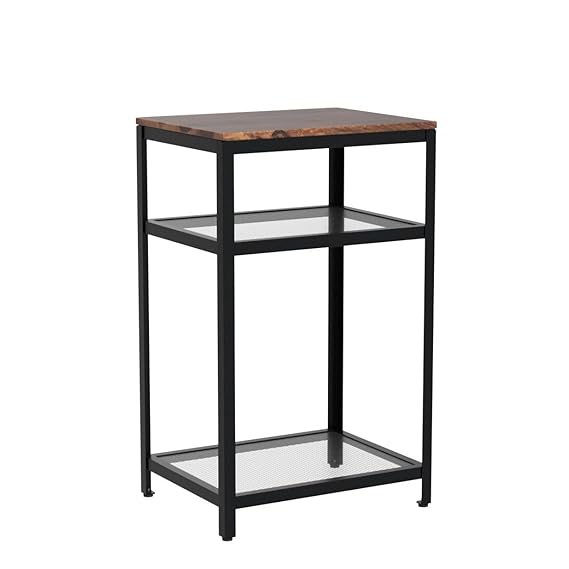 Relmin Side Table with 2-Tier Mesh Shelves (Metal & Sheesham Wood Top)