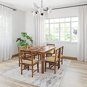 Turlock Modern 6 Seater Dining Set with 6 Cushioned Chairs (Solid Sheesham Wood, Honey Finish)