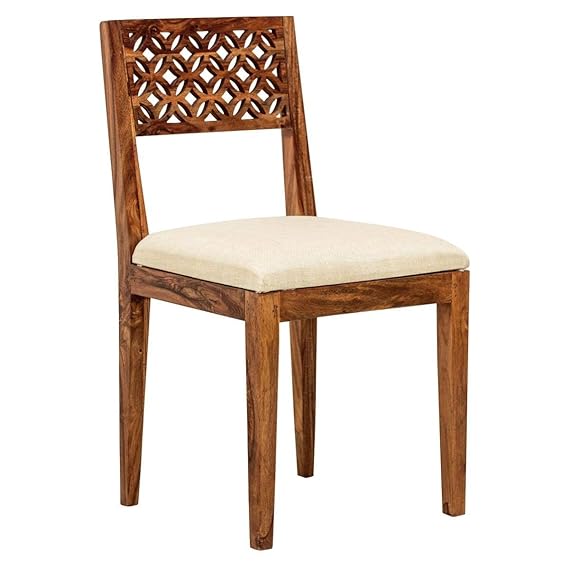 Sheesham Wood CNC Dining Chair with Cushoin, Set of 2 Wooden Study Chairs for Living Room Home Office