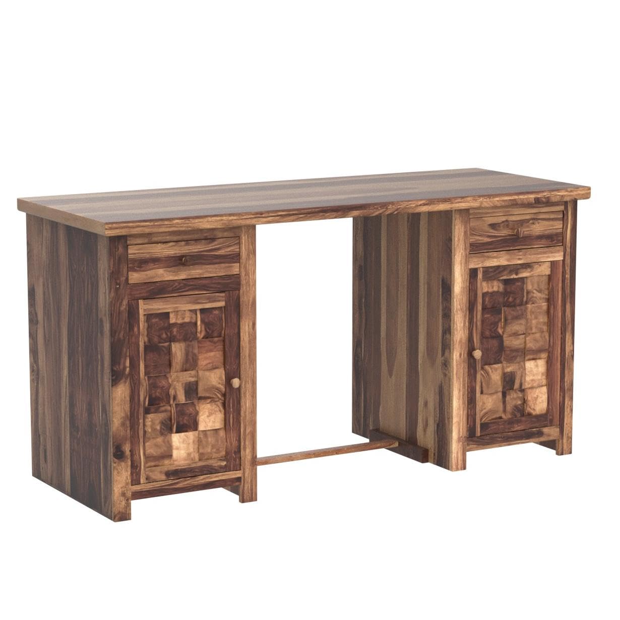 Solid Sheesham Wood Fossan Computer Table with 2 Drawers, 2 Storage Cabinets