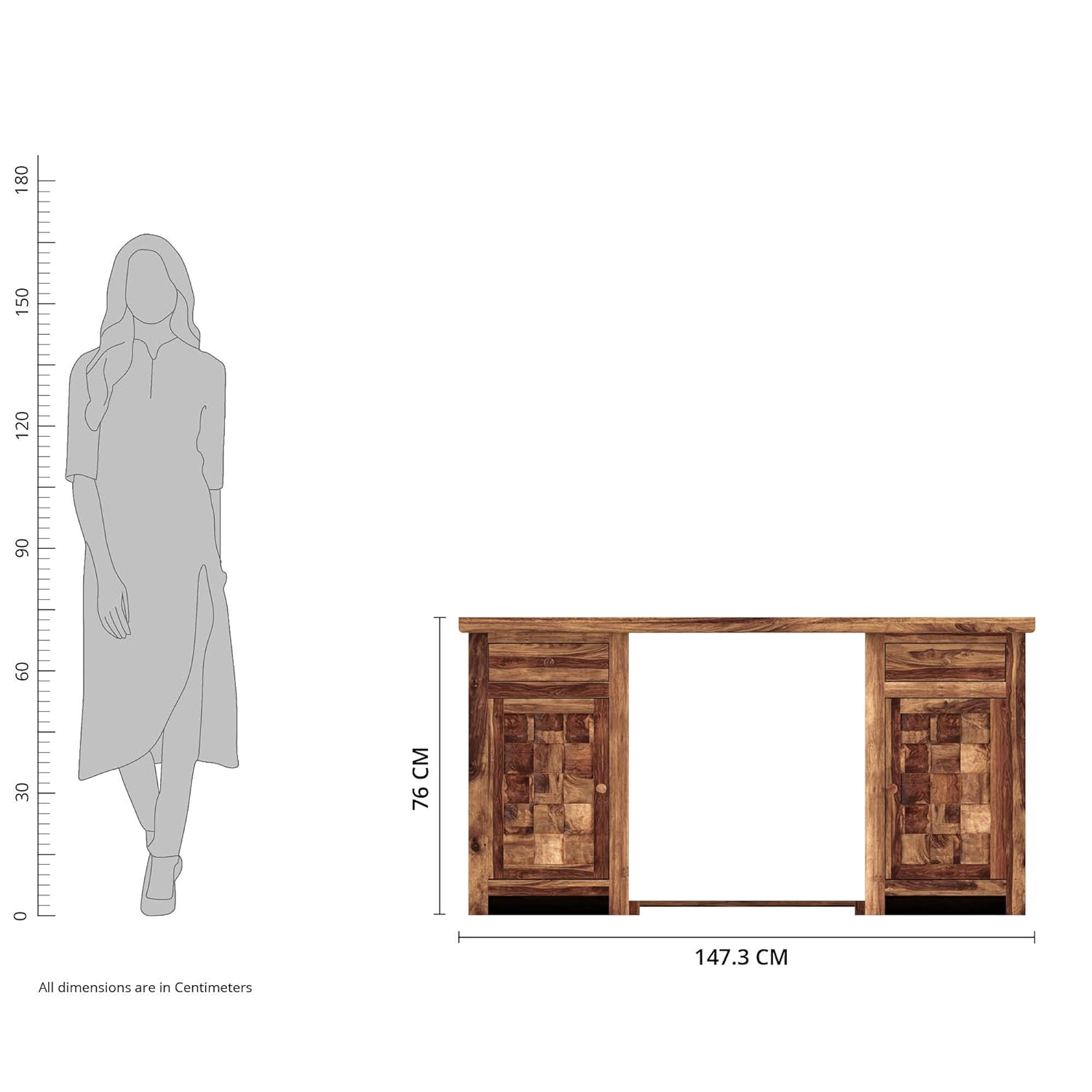 Solid Sheesham Wood Fossan Computer Table with 2 Drawers, 2 Storage Cabinets