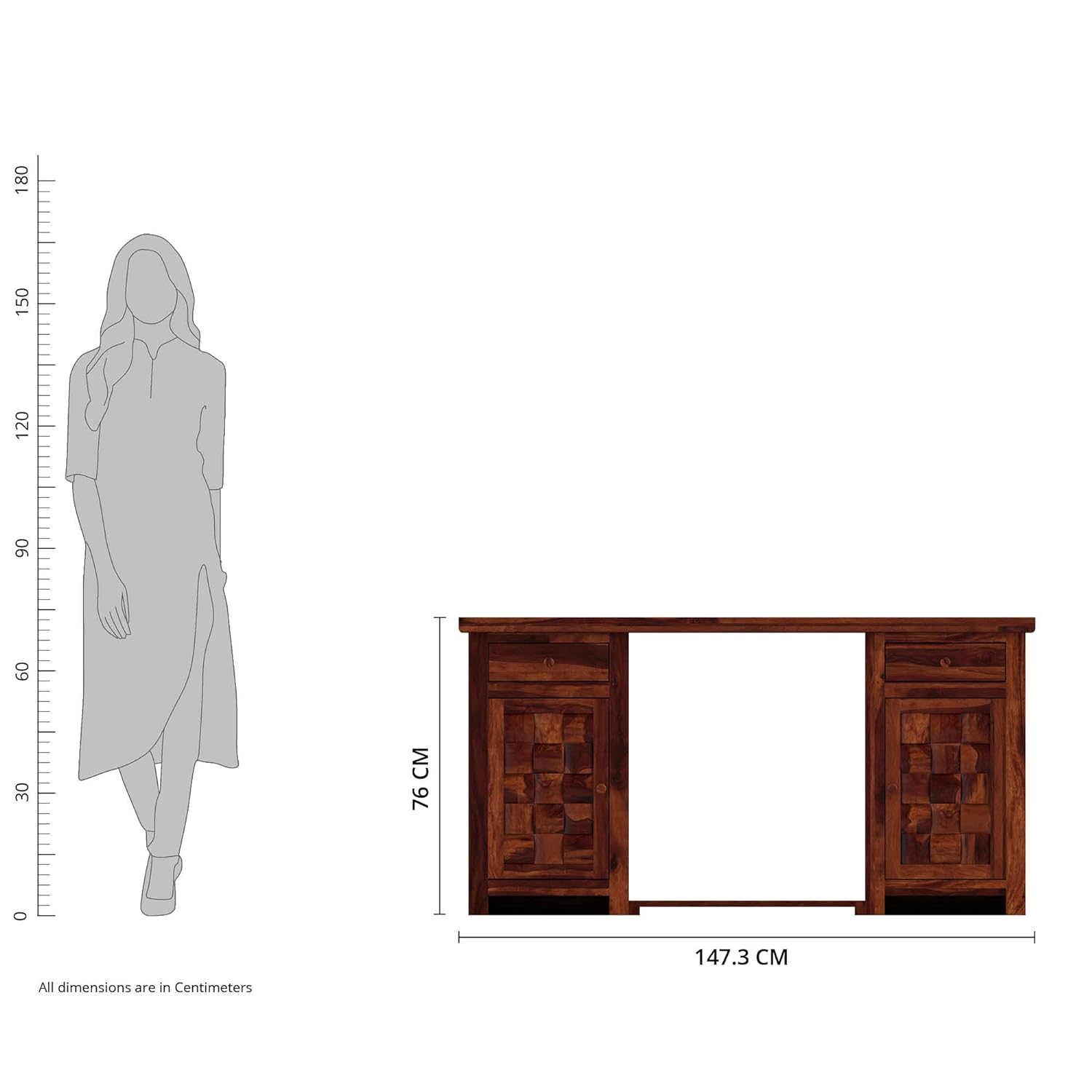 Solid Sheesham Wood Fossan Computer Table with 2 Drawers, 2 Storage Cabinets