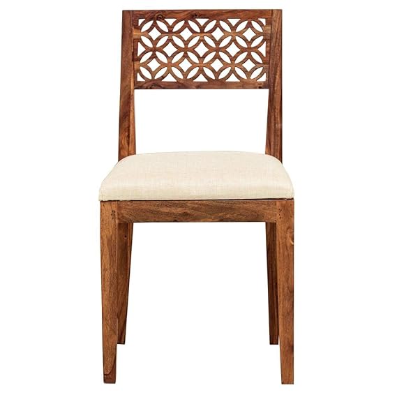 Sheesham Wood CNC Dining Chair with Cushoin, Set of 2 Wooden Study Chairs for Living Room Home Office