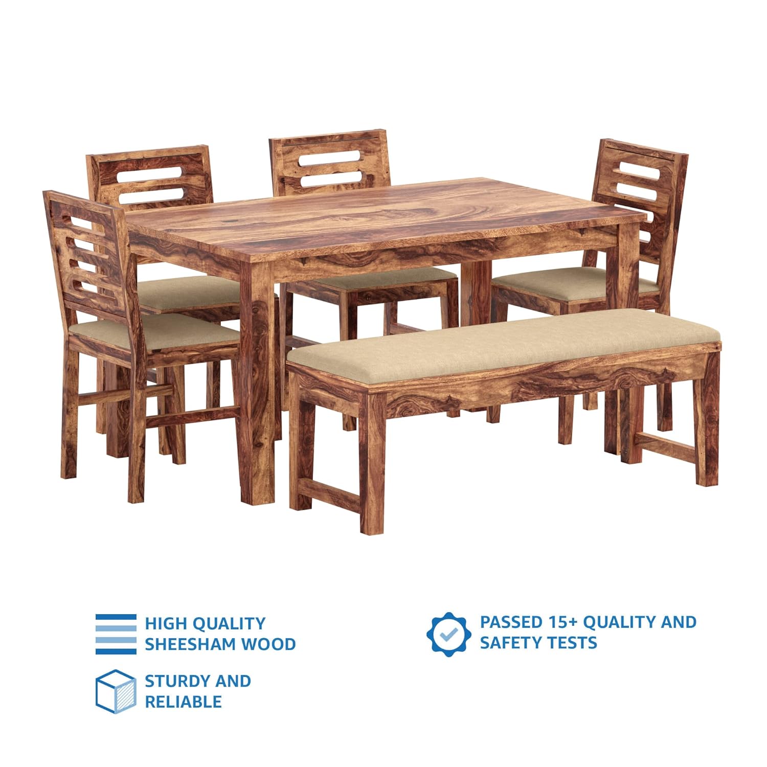 Kotili Six Seater Dining Table Set with 4 Cushioned Chairs and 1 Cushioned Bench