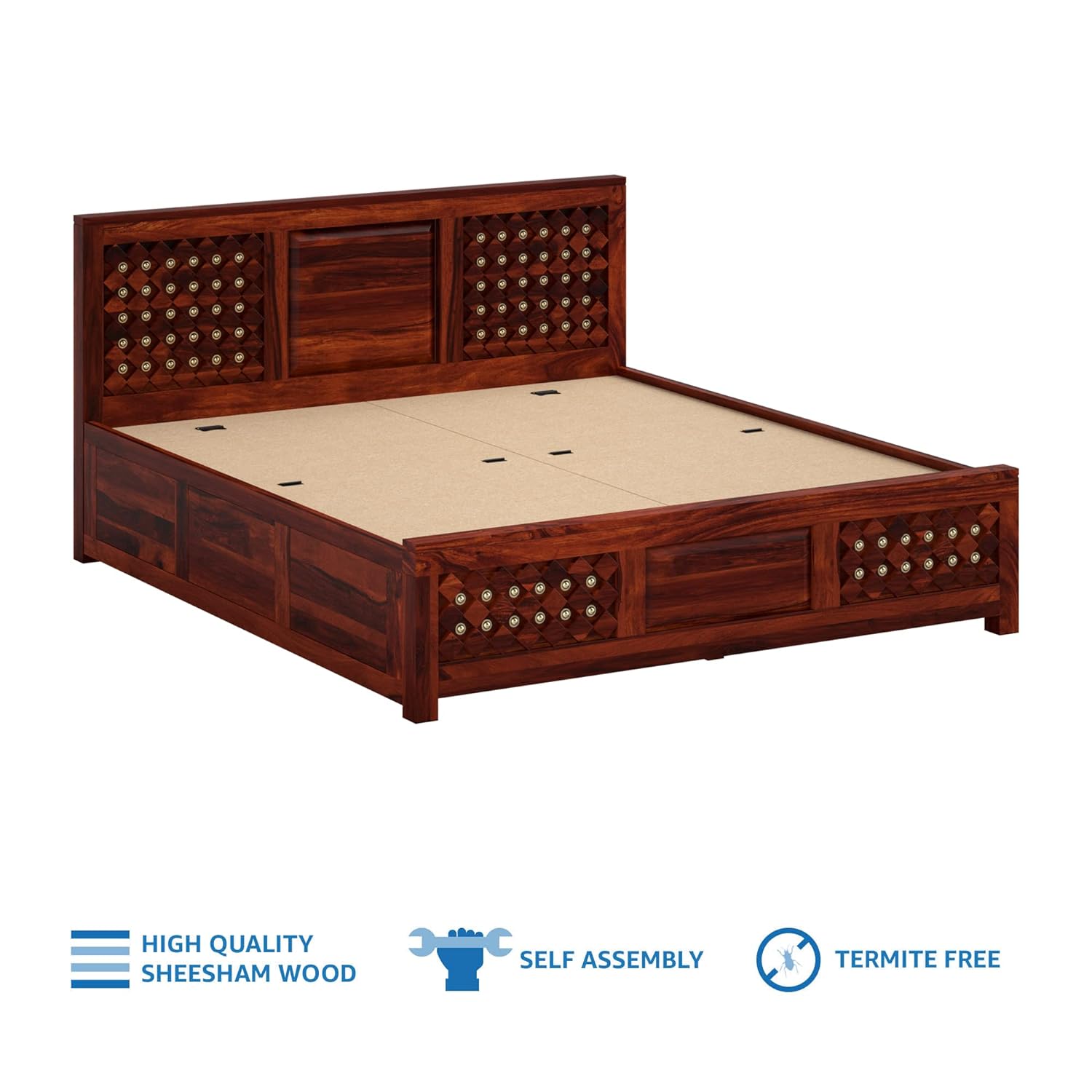 Qual King Size Solid Sheesham Wood Bed with Box Storage (Honey Finish)