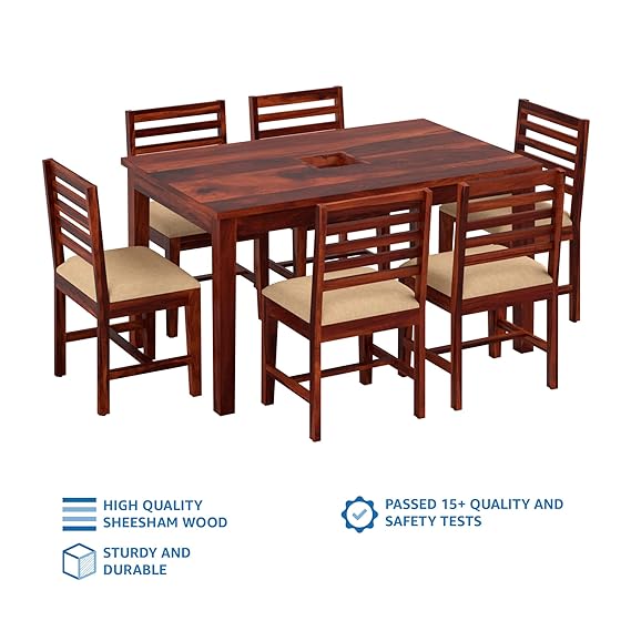 Turlock Modern 6 Seater Dining Set with 6 Cushioned Chairs (Solid Sheesham Wood, Honey Finish)