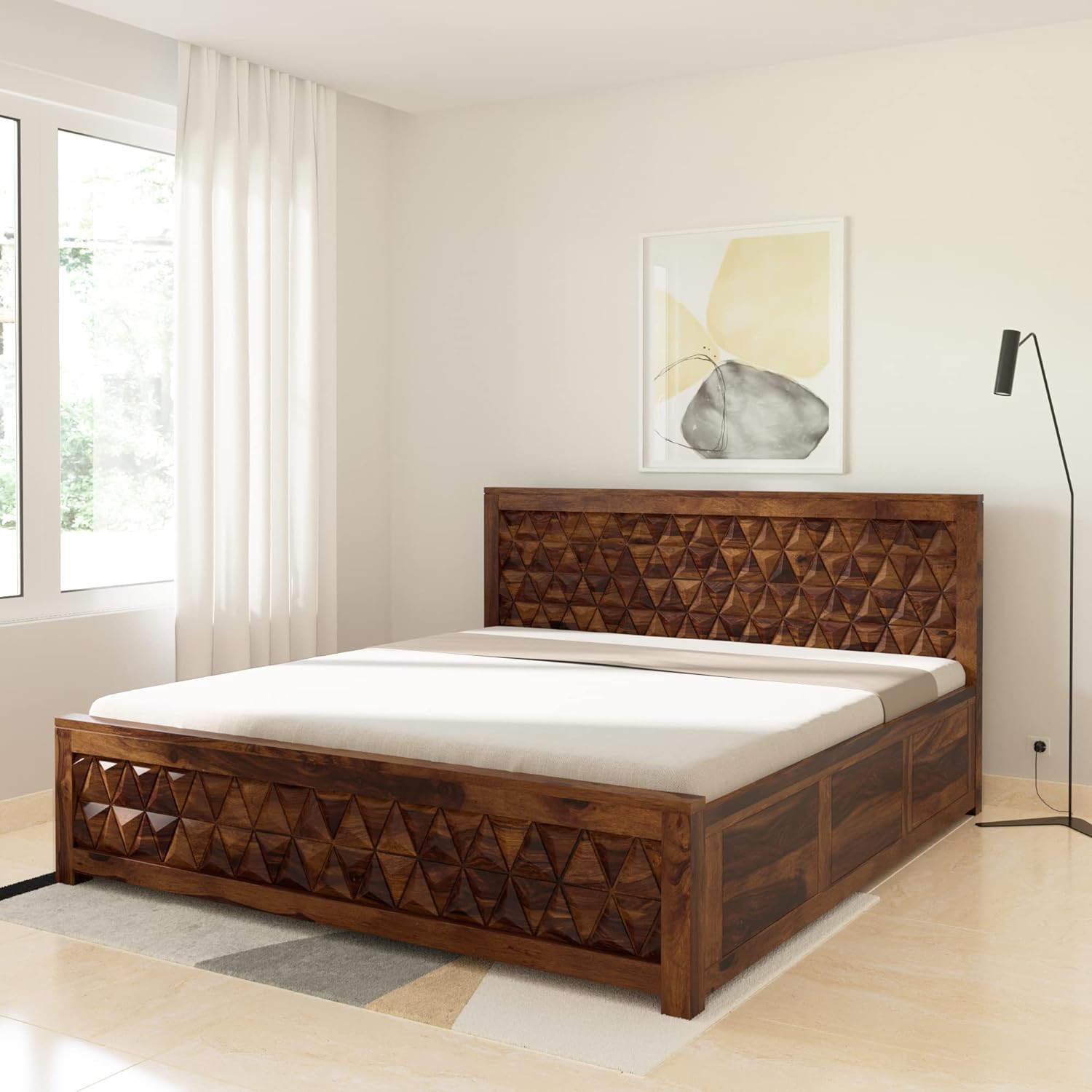 Solid Sheesham Wood Triangle King Size Bed with Box Storage