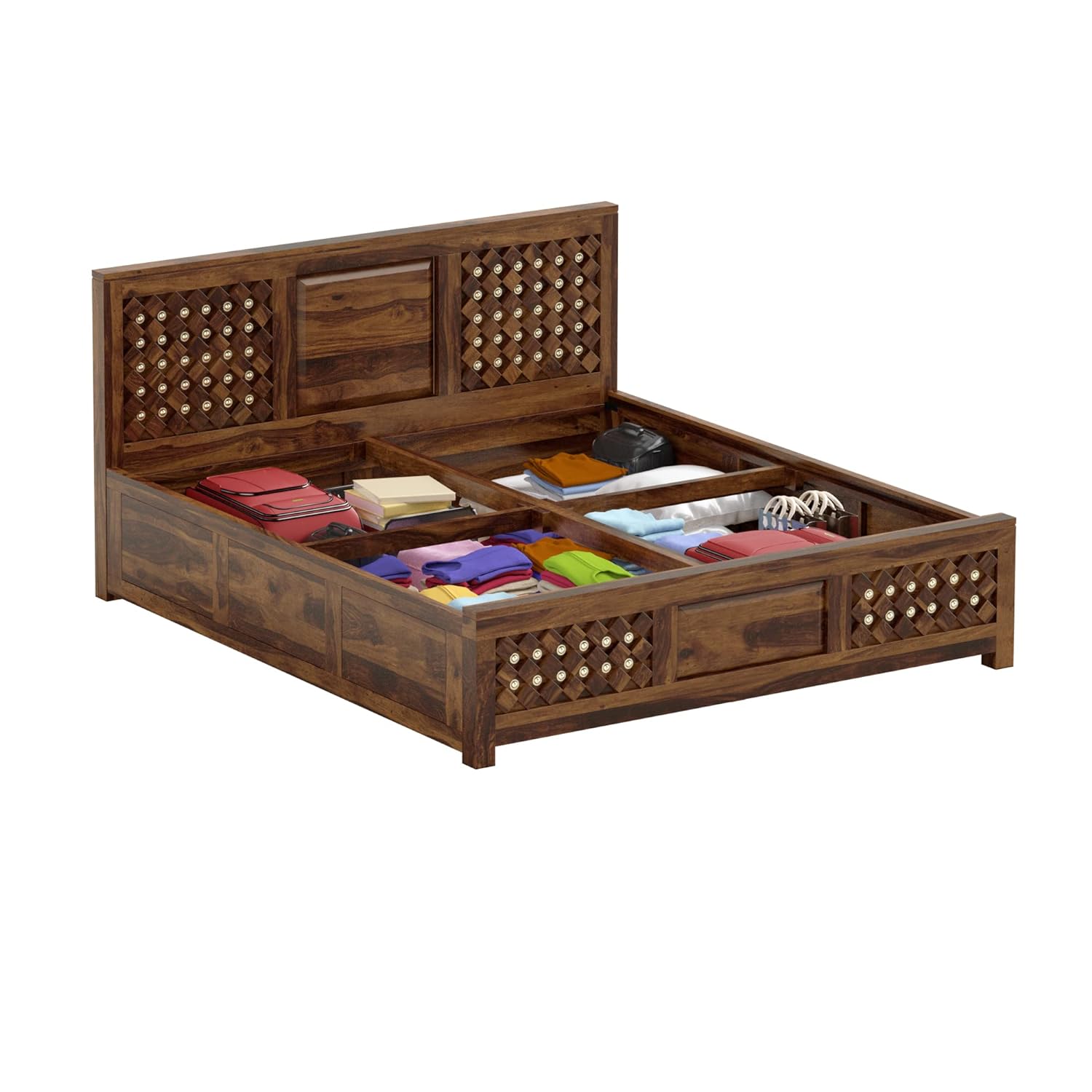 Qual King Size Solid Sheesham Wood Bed with Box Storage (Honey Finish)