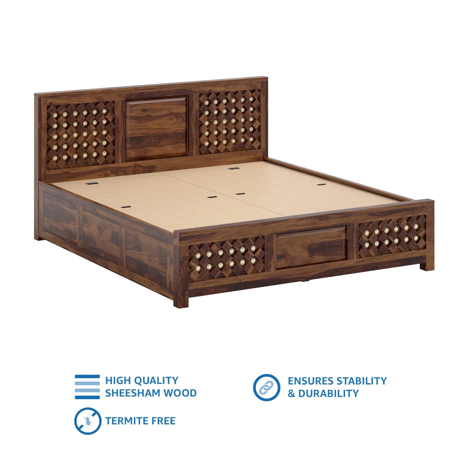 Qual King Size Solid Sheesham Wood Bed with Box Storage (Honey Finish)