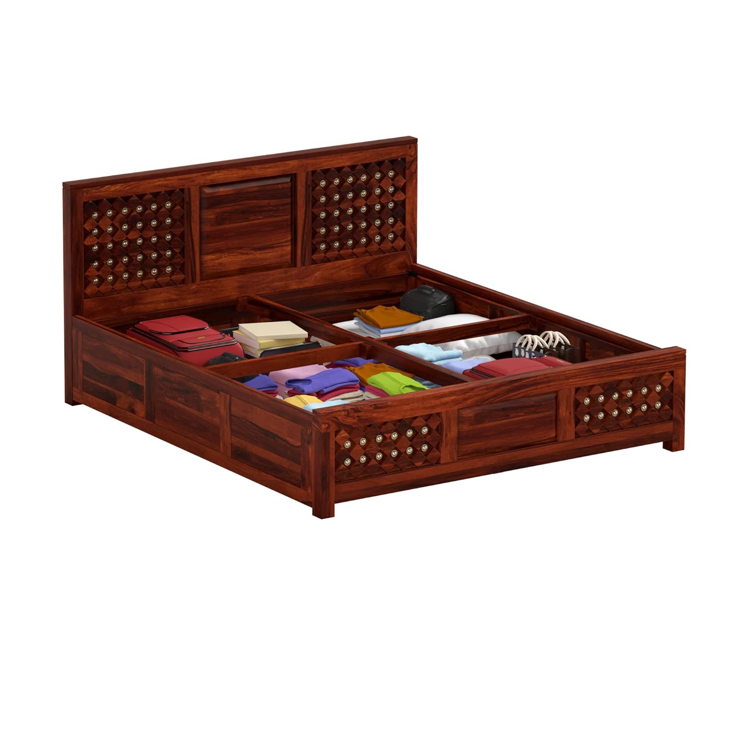 Qual King Size Solid Sheesham Wood Bed with Box Storage (Honey Finish)