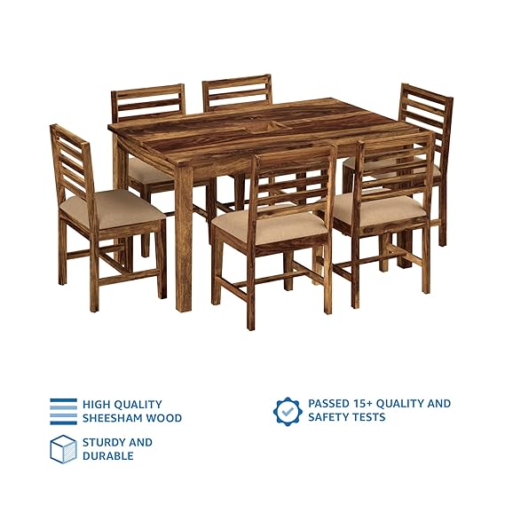 Turlock Modern 6 Seater Dining Set with 6 Cushioned Chairs (Solid Sheesham Wood, Honey Finish)