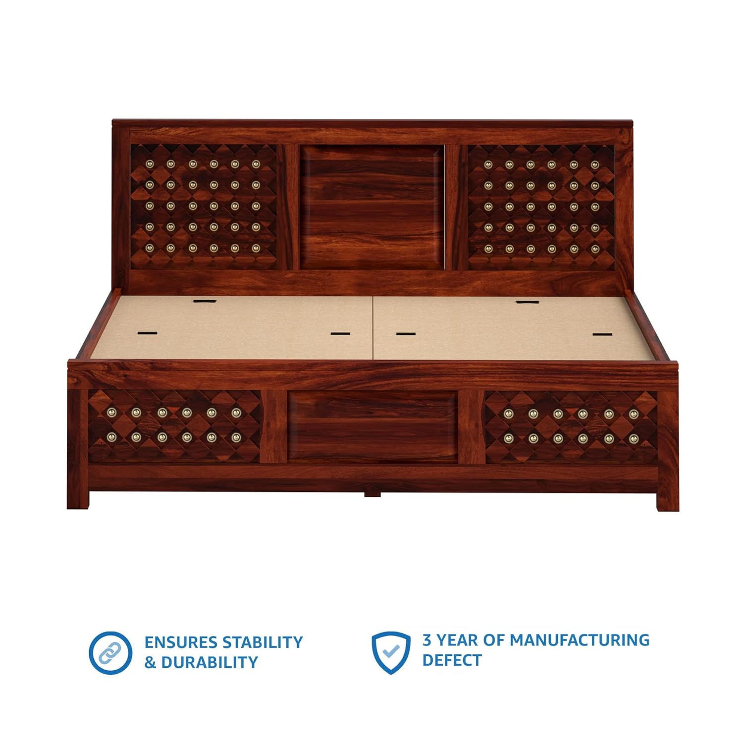 Qual King Size Solid Sheesham Wood Bed with Box Storage (Honey Finish)