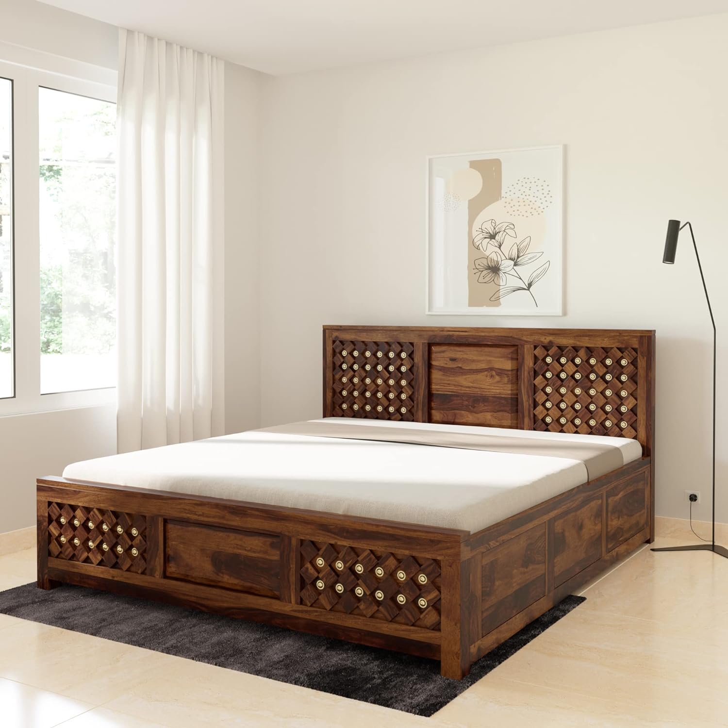 Qual King Size Solid Sheesham Wood Bed with Box Storage (Honey Finish)