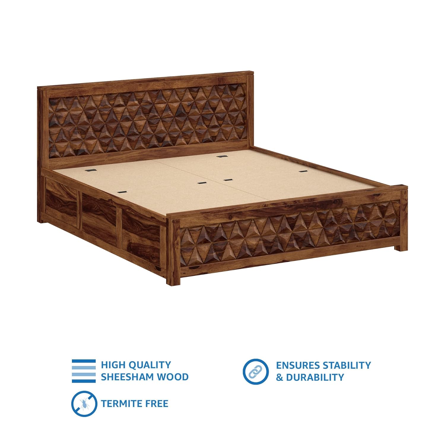 Solid Sheesham Wood Triangle King Size Bed with Box Storage