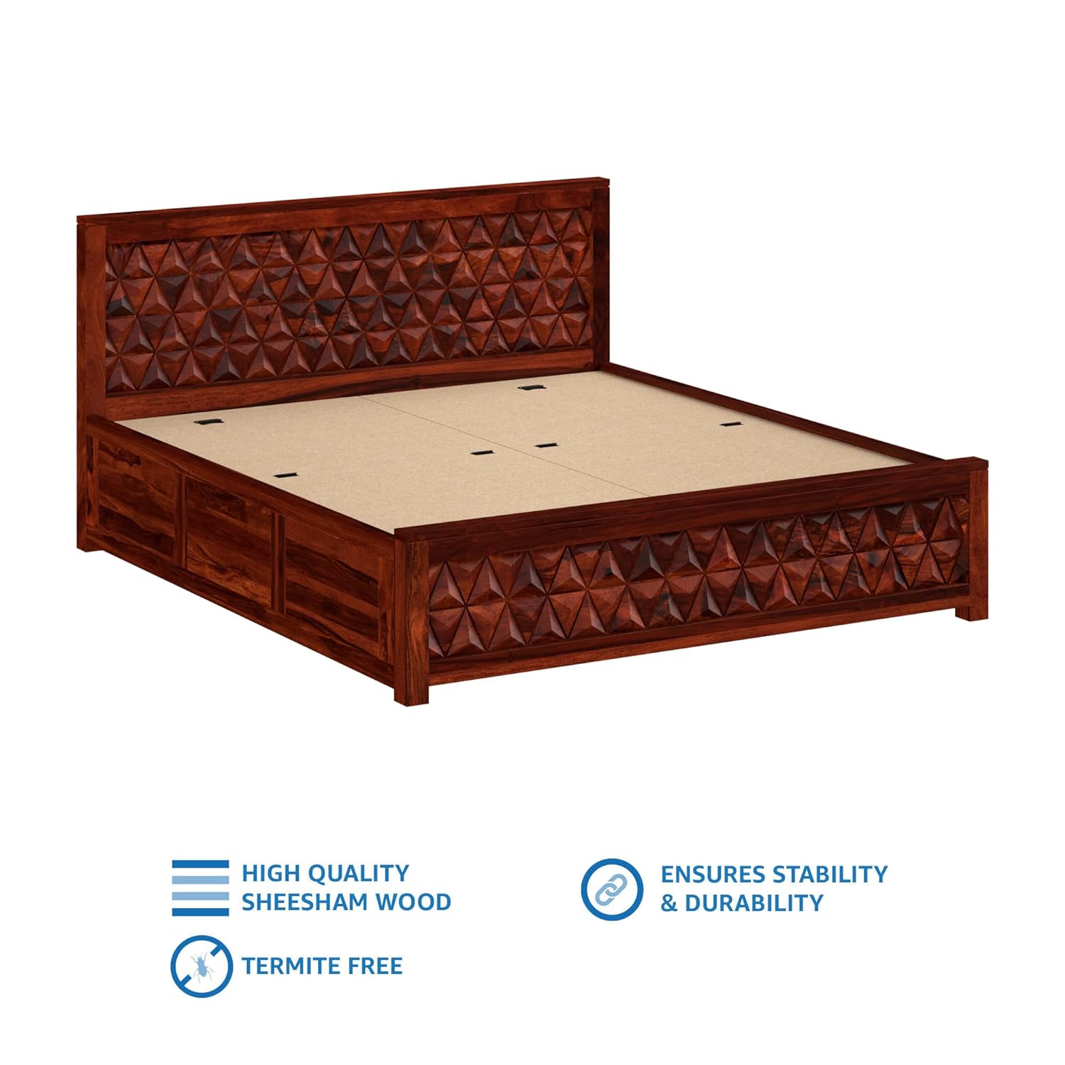 Solid Sheesham Wood Triangle King Size Bed with Box Storage