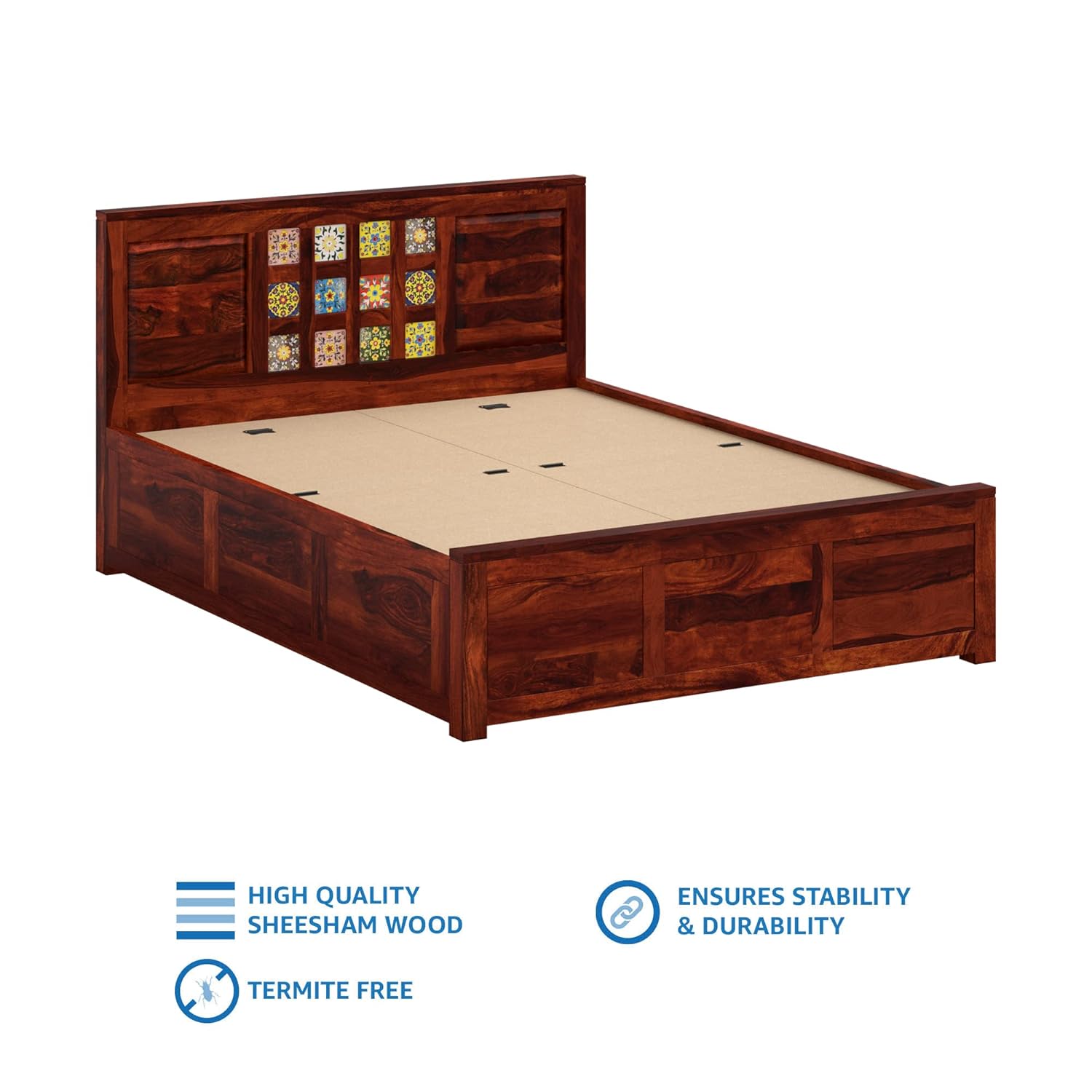 Verba King Size Solid Sheesham Wood Bed with Box Storage