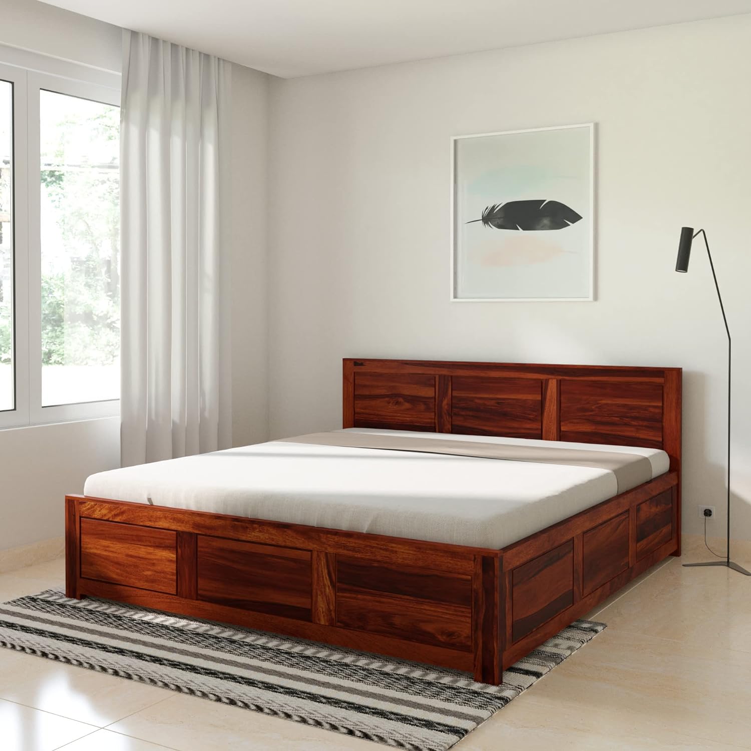 Solid Sheesham Wood King Bed with Storage