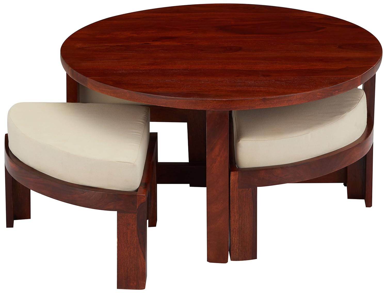 FURNIZY Piesta Round Coffee Table with 4 Stools and 4 Cushions (Solid Sheesham Wood)