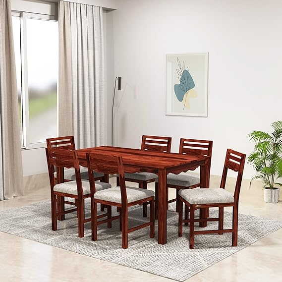 Mehraab 6 Seater Dining Set with 6 Chairs (Solid Sheesham Wood, Honey Finish, Beige)
