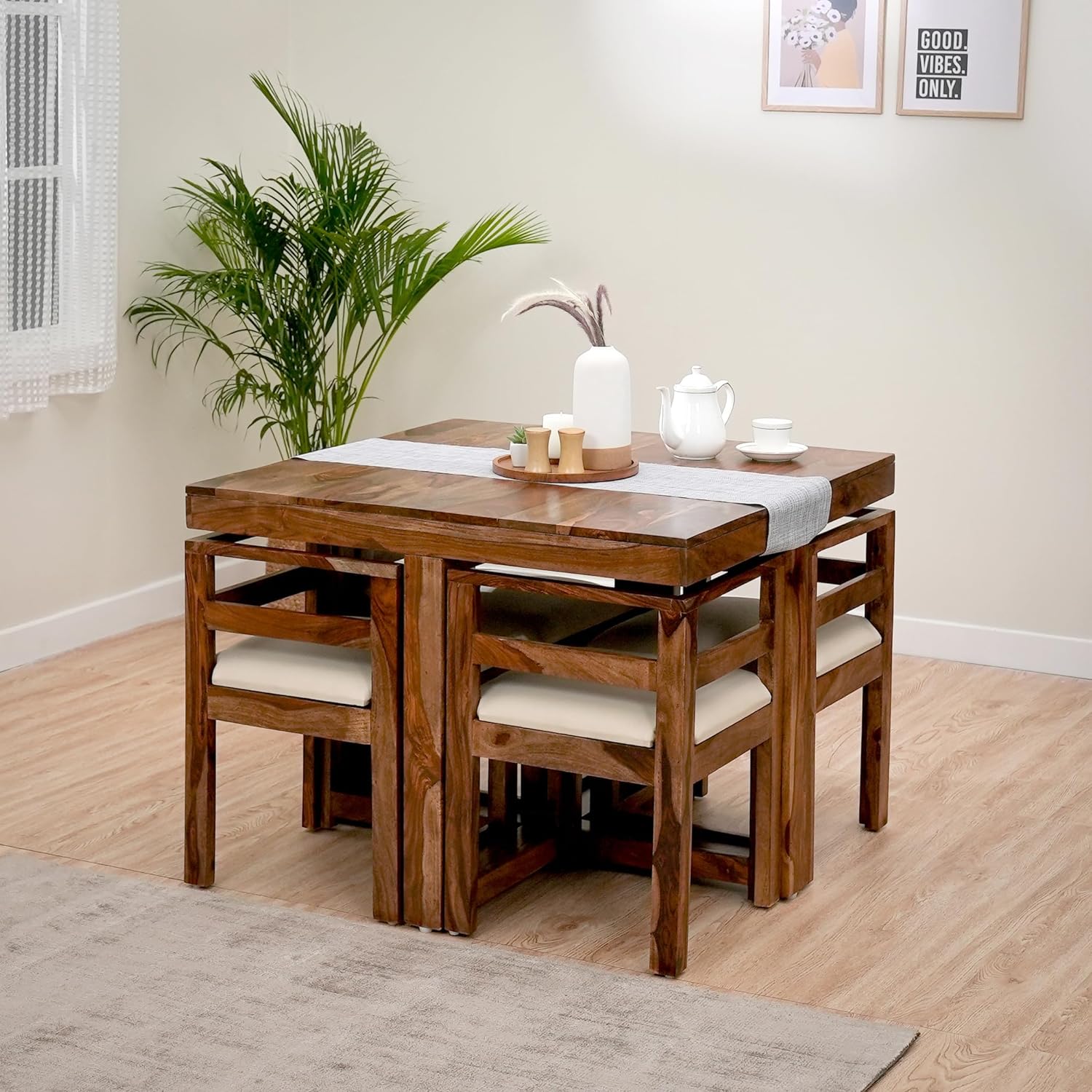 Solid Sheesham Wood Melka Modern 4 Seater Dining Table with 4 Cushioned Chairs