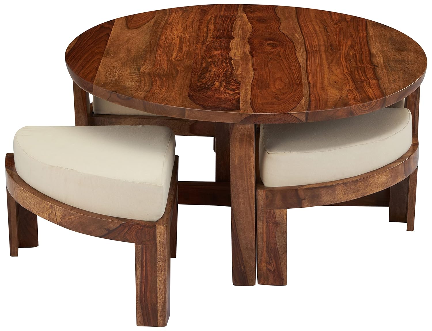 FURNIZY Piesta Round Coffee Table with 4 Stools and 4 Cushions (Solid Sheesham Wood)