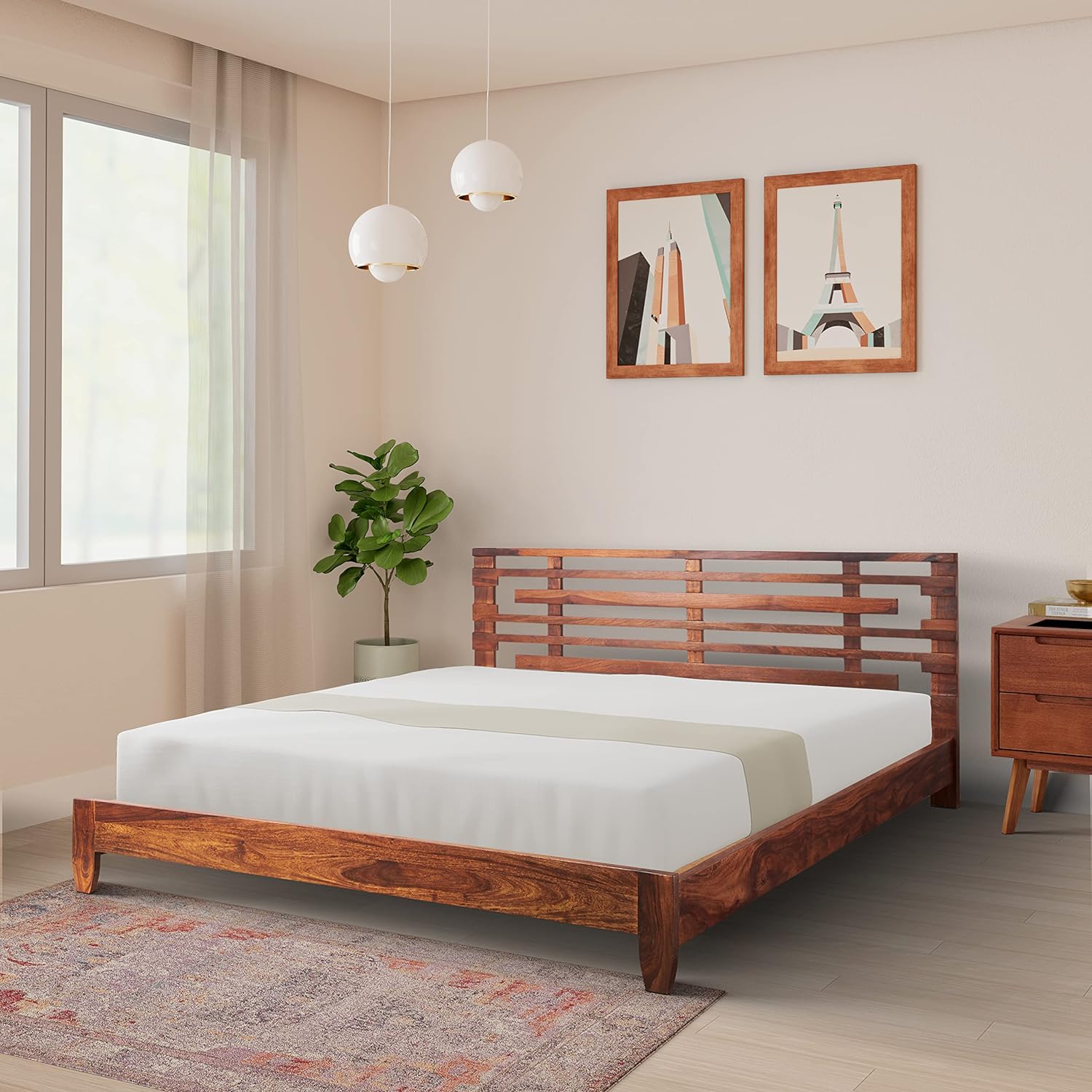 Solid Sheesham Wood Queen-Size Bed Without Storage