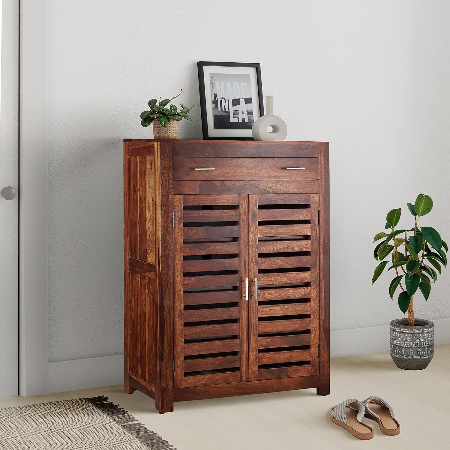 Mondsee Solid Sheesham Wood Shoe Rack Cabinet with 2 Drawers