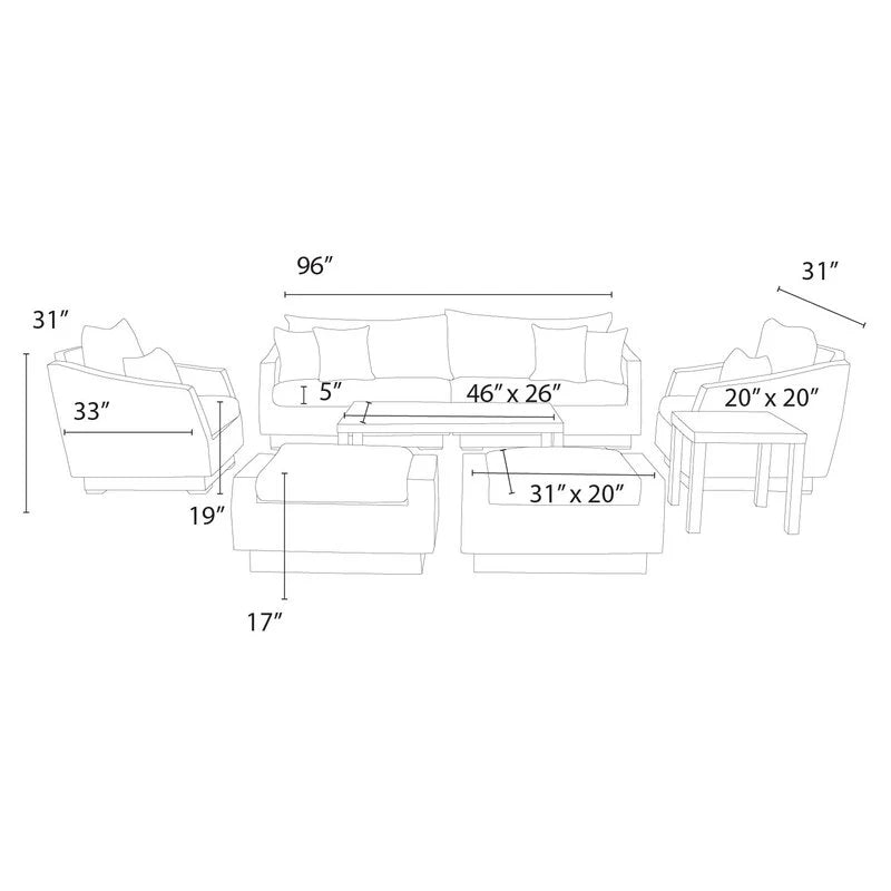 FURNIZY OUTDOOR SOFA SET 3 SEATER,2 SINGLE SEATER, 2 OTTOMAN, 1 SIDE TABLE AND 1 CENTER TABLE